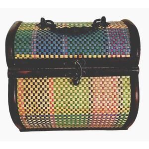 Woven Colorful Rattan Wicker Trinket Box Treasure Chest Wood Jewelry Basket